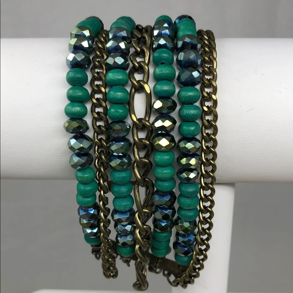Multi-Strand Turquoise Tone Beaded Chain Bracelet - Unbranded - Picture 1 of 7